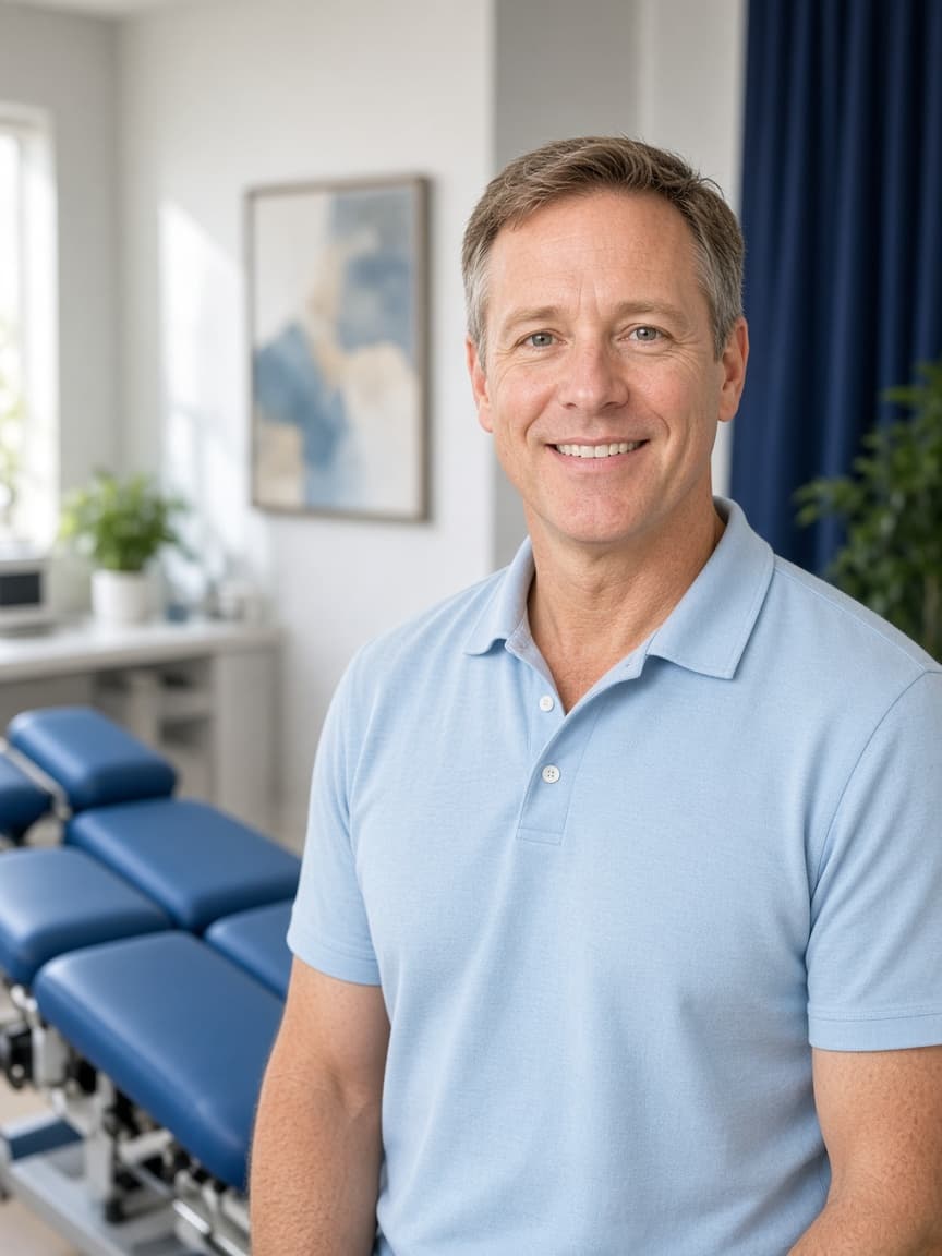 Dr. Marcus Hale, DC, smiling in a modern chiropractic treatment room